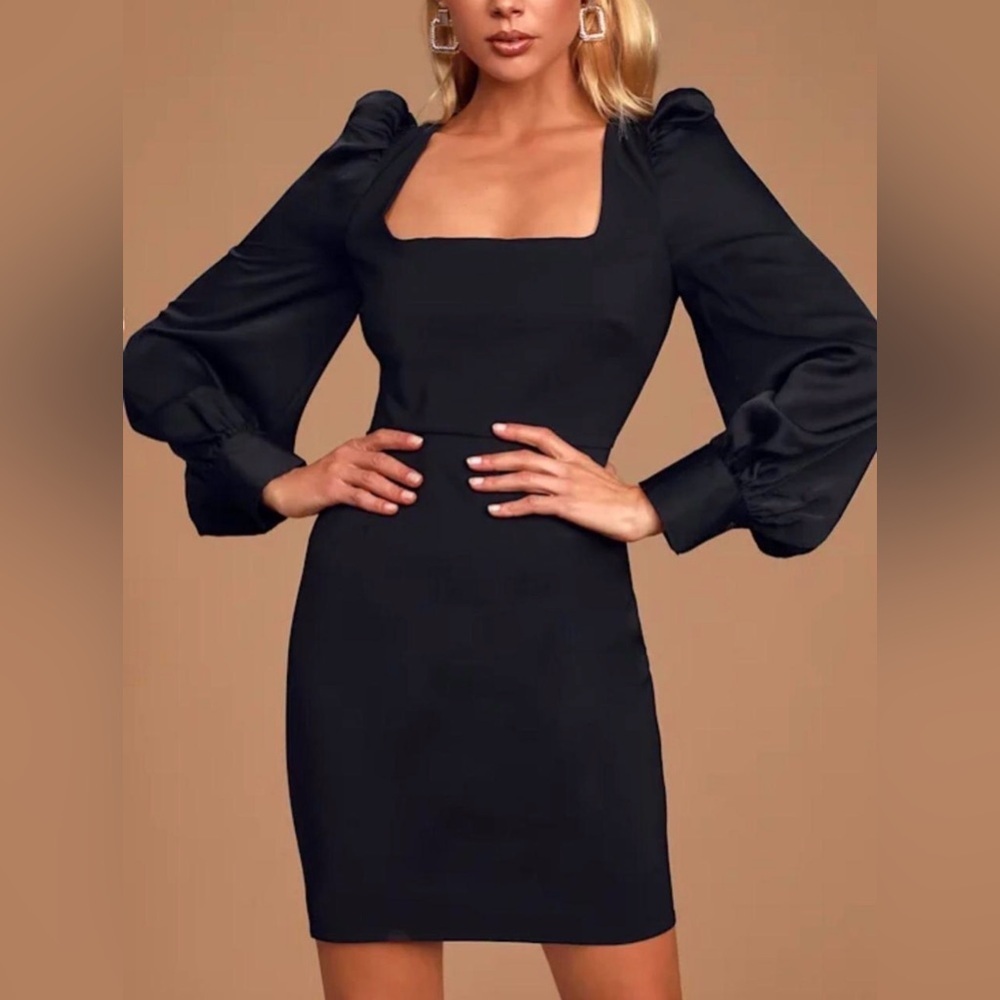 Lulus Black Long Sleeve Dress Puff Shoulders Mini size Medium Prom Party Womens